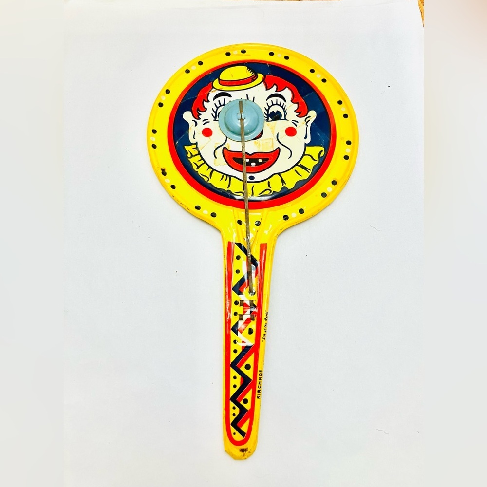 Vintage 1950 Kirchhof Metal Tin Noise Maker Clown Read Works
